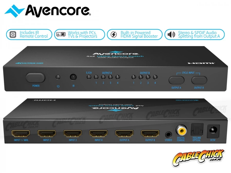 Avencore Halon Series HDMI 4x2 True Matrix Switch & Audio Splitter (Supports Ultra HD 4K@30Hz) 4 Avencore Halon Series HDMI 4x2 True Matrix Switch & Audio Splitter (Supports Ultra HD 4K@30Hz) - Image 2